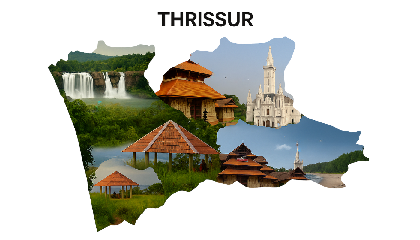 best Tourist places in thrissur. in this image there is a heading which is "Thrissur". the image is in the shape pf thrissur map and in side the shape filled with various Best Tourist Places in Thrissur like college. white background